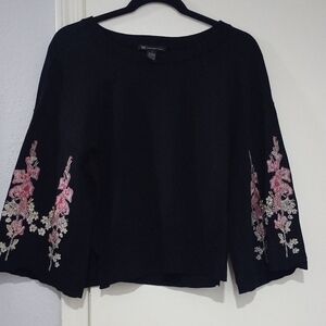 INC International Concepts Black Sweatshirt with Pink Floral Embroidery